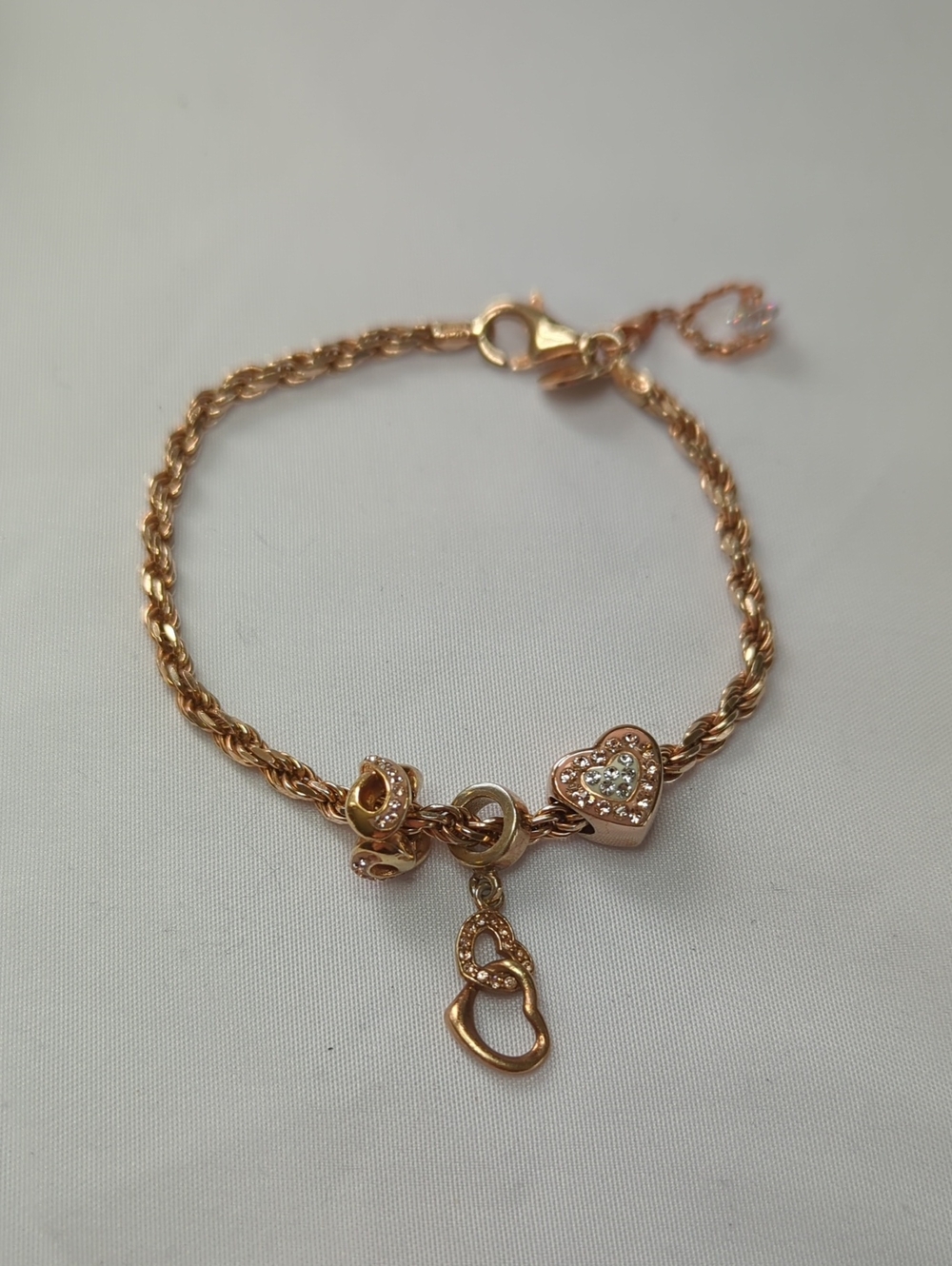 Rose Gold Vermeil Sterling Silver Heart Charm Bracelet with Crystal Accents